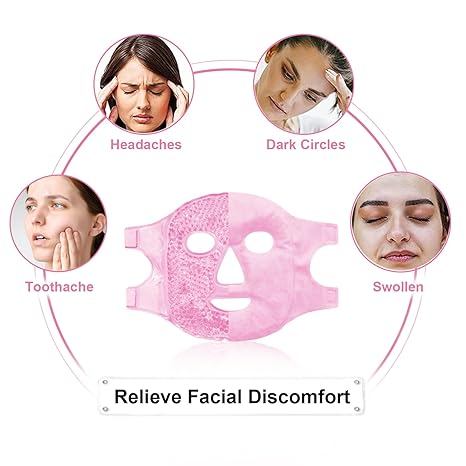 Hot and Cold Therapy Gel Bead Full Facial Mask for Migraine Headache, Stress Relief ,Reduces Eye Puffiness, Dark Circles | Fabric Back (Full Face with Eye Holes)