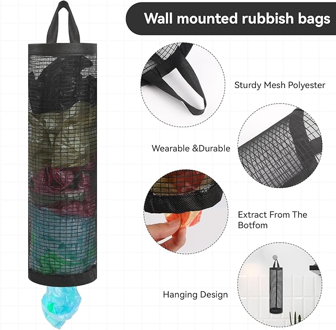 2Pack Plastic Bag Holder, Grocery Bag Holder for Plastic Bags Mesh Hanging Storage Dispenser Trash Bag Organizer Shopping Bag Holder for Plastic Bags