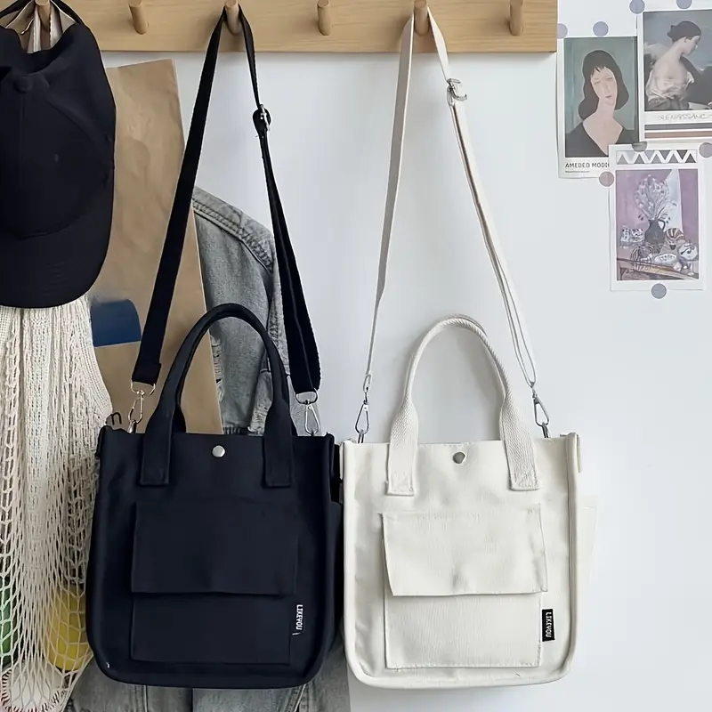 Fashion Portable Canvas Tote Bags with Zip and Long Single Shoulder Rop and Many Outer Pockets for Girls
