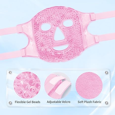 Hot and Cold Therapy Gel Bead Full Facial Mask for Migraine Headache, Stress Relief ,Reduces Eye Puffiness, Dark Circles | Fabric Back (Full Face with Eye Holes)