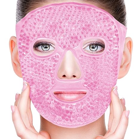 Hot and Cold Therapy Gel Bead Full Facial Mask for Migraine Headache, Stress Relief ,Reduces Eye Puffiness, Dark Circles | Fabric Back (Full Face with Eye Holes)