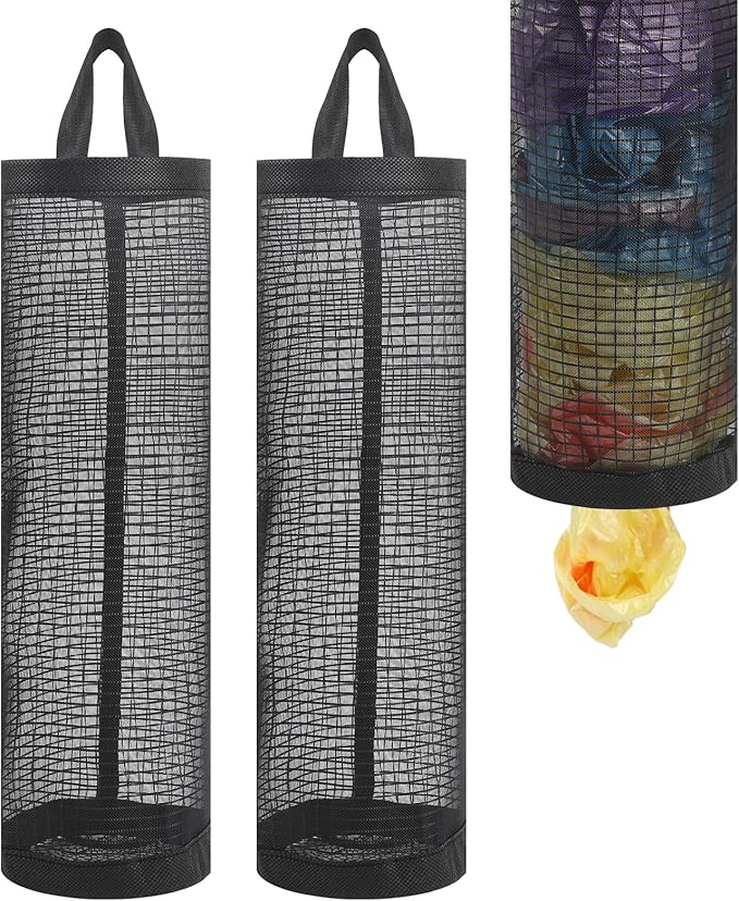 2Pack Plastic Bag Holder, Grocery Bag Holder for Plastic Bags Mesh Hanging Storage Dispenser Trash Bag Organizer Shopping Bag Holder for Plastic Bags