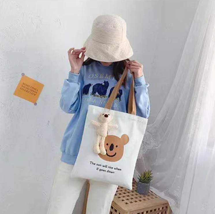 Large Shoulder Bags Cotton Student Girl Women's Custom Bear Canvas Tote Bag