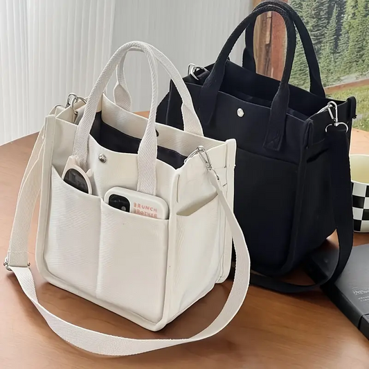 Fashion Portable Canvas Tote Bags with Zip and Long Single Shoulder Rop and Many Outer Pockets for Girls