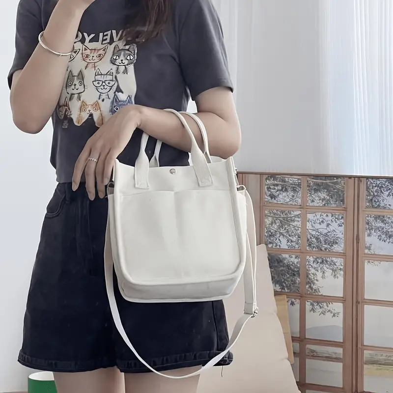Fashion Portable Canvas Tote Bags with Zip and Long Single Shoulder Rop and Many Outer Pockets for Girls