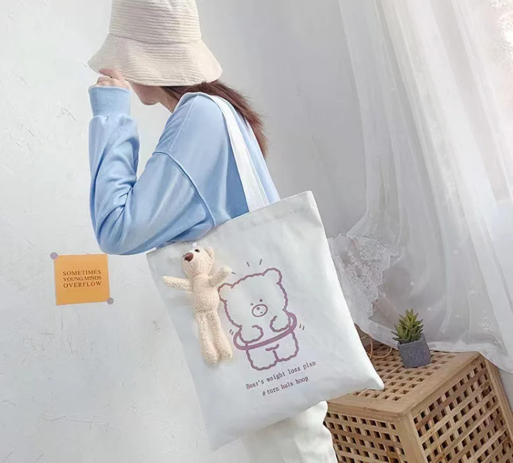 Large Shoulder Bags Cotton Student Girl Women's Custom Bear Canvas Tote Bag