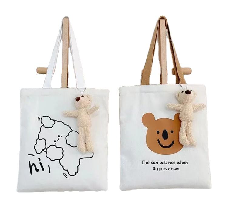 Large Shoulder Bags Cotton Student Girl Women's Custom Bear Canvas Tote Bag