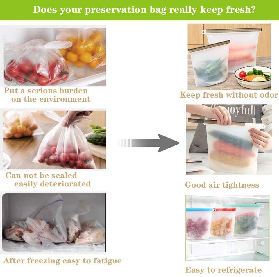 Reusable Food Grade Silicone Storage Bags Kitchen Organizer Bag for Vegetables Liquid Snacks and Foods