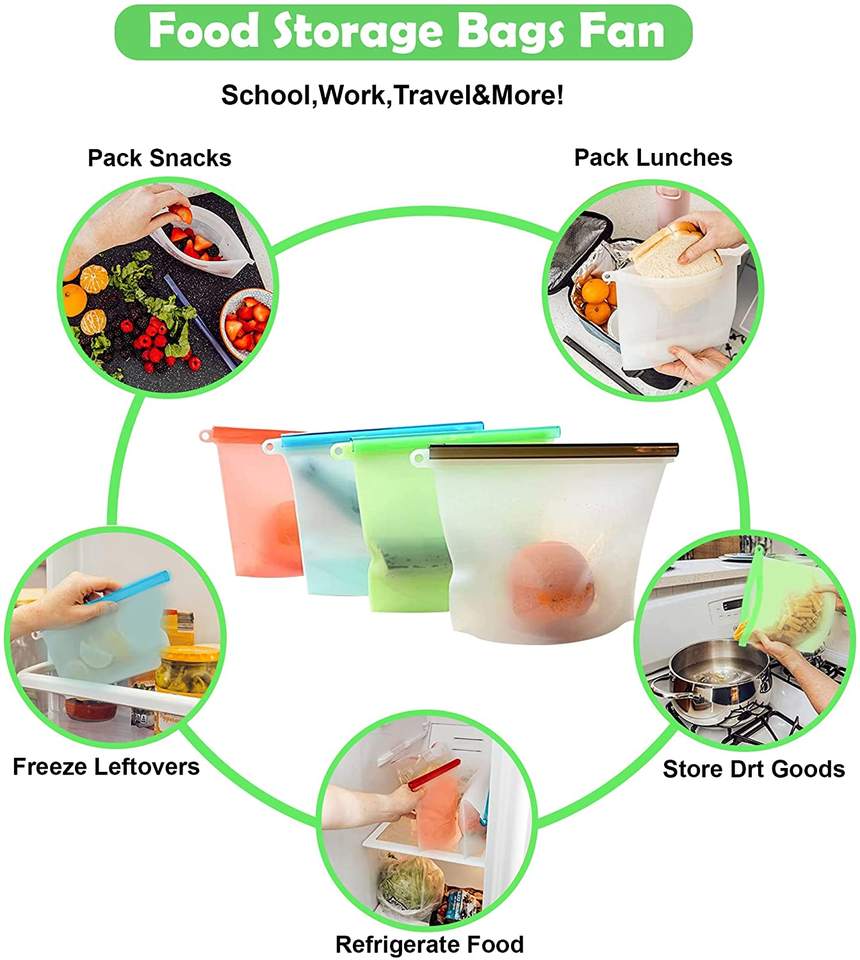 Reusable Food Grade Silicone Storage Bags Kitchen Organizer Bag for Vegetables Liquid Snacks and Foods