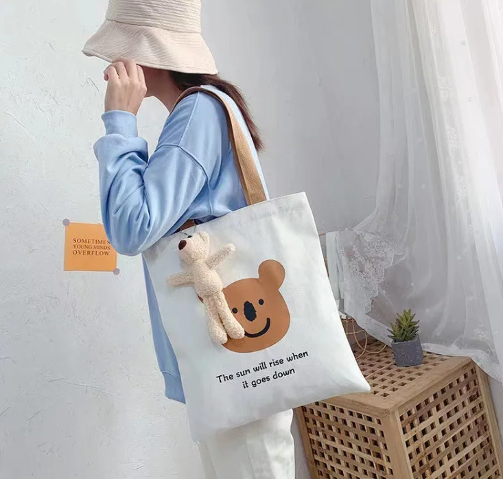 Large Shoulder Bags Cotton Student Girl Women's Custom Bear Canvas Tote Bag
